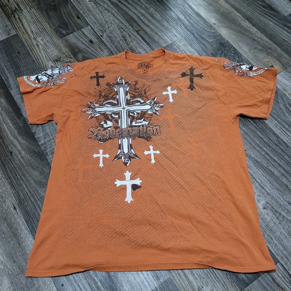MMA Elite Shirt Mens XL Orange Short Sleeve Cross Cyber Goth Grunge Distress Y2K